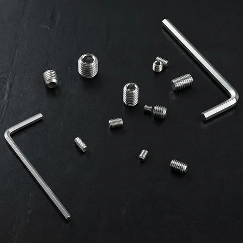 Pro Grade 300 Pcs All In One Set Screw Kit M3 M4 M5 M6 M8 304 Stainless Steel Cup Point Screws For Bathroom Fixtures Door Handles Knobs Faucets Plumbing Includes Wrenches. Kit includes set screws and hex wrenches on a black background.