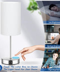 Set Of 2 Touch Control Table Lamps With 3 Way Dimming USB Ports And AC Outlet Brushed Nickel Bedside Lamps With White Shades