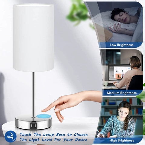 Set Of 2 Touch Control Table Lamps With 3 Way Dimming USB Ports And AC Outlet Brushed Nickel Bedside Lamps With White Shades