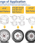 Diagram of range of application for heavy duty spare tire mount for trailers, showing bolt patterns and wheel sizes up to 6 lug.