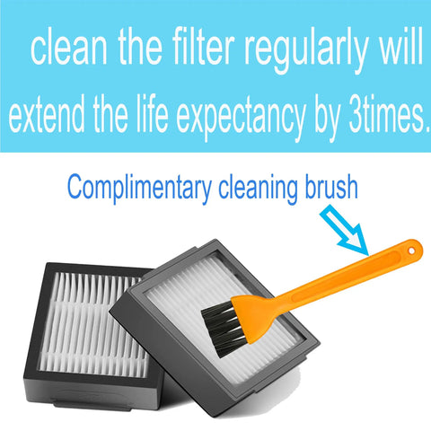 Replacement Parts Kit For Vacuum Cleaners With Efficient Filters Edge Cleaning Brushes And Multi Rubber Brushes Includes Screws Screwdriver And Cleaning Brush For I3 I3 Plus I4 I4 Plus I6 I6 Plus I7 I7 Plus I8 I8 Plus E5 E6 E7 And J Series, shows filters and cleaning brush.
