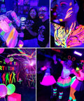 People enjoying a glow party with Two Pack 100W LED Black Light Bar 385-400nm Ultra Bright UV Glow Lights illuminating body paint.