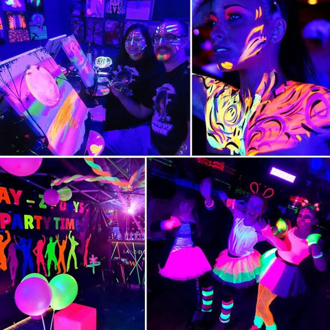 People enjoying a glow party with Two Pack 100W LED Black Light Bar 385-400nm Ultra Bright UV Glow Lights illuminating body paint.