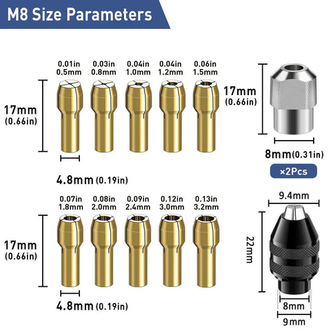 Pro Grade 15 Pc Drill Chuck Collet Set With Brass Collets And Nut Kit 0.8 To 3.2 mm size parameters