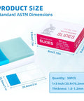 Blue Coated Glass Microscope Slides 1x3 Inch Pack Of 50 For Lab Work With Safe Edges And High Light Transmission Pro Grade For Histology Education And Research, box and slide dimensions shown