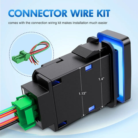Fog Light Push Button Switch 12V On Off With Wire Connector Kit 1.54 In By 0.83 In For Toyota, blue LED, dimensions shown