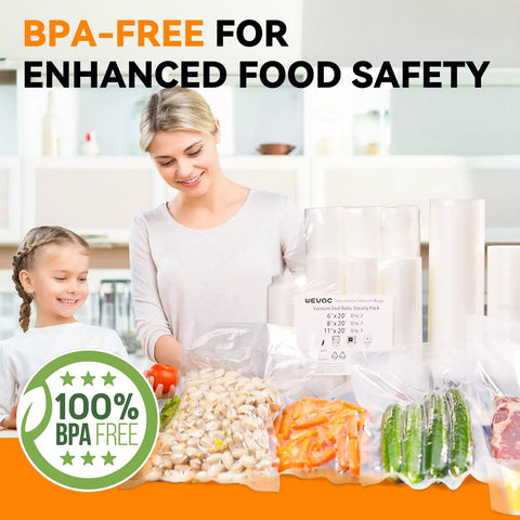 Woman using Three 8 Inch By 50 Foot Vacuum Sealer Rolls For Food Storage, Sous Vide And Meal Prep, BPA-free for enhanced safety.