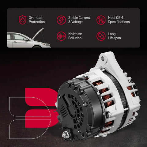 Image of an Alternator Replacement For Buick LaCrosse 2010 2016 And Chevy Captiva Sport Impala Equinox Impala Limited 2010 2020 Plus GMC Terrain 2010 2012 Replaces OE 11932 showing the front and side views with car icons indicating features on a black background.