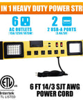 Heavy Duty Six Outlet Power Strip With Bright Led Worklight And Dual Usb Charging Ports For Fast Device Connections, six AC outlets, 6 ft power cord.