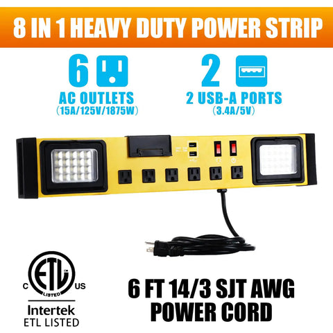 Heavy Duty Six Outlet Power Strip With Bright Led Worklight And Dual Usb Charging Ports For Fast Device Connections, six AC outlets, 6 ft power cord.