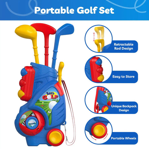 Toddler Golf Set for 2 3 4 5 Year Old Boys and Girls Upgraded Indoor Outdoor Golf Cart with Cornhole Board and Putting Mat