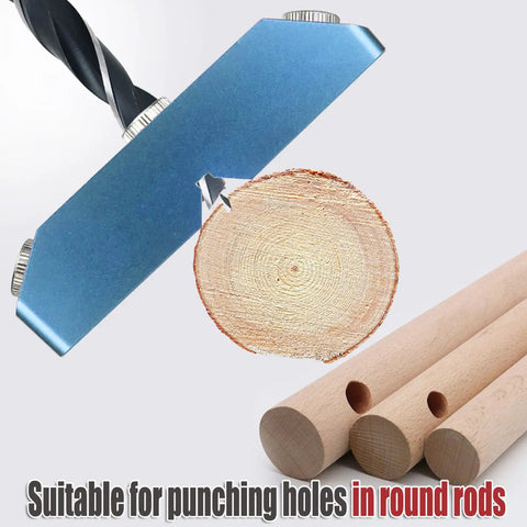 Top Shelf Aluminum Drill Guide Jig For Dead On 30 45 90 Degree Holes Rock Solid Multi Angle Woodworking Tool That Runs Like A Dream For Furniture Assembly, showing blue jig and drilled wooden rods.
