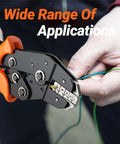 Hands using Pro Grade Heavy Duty Five In One Wire Crimping Tool For Dupont And Open Barrel Terminals, showing ratcheting jaw system