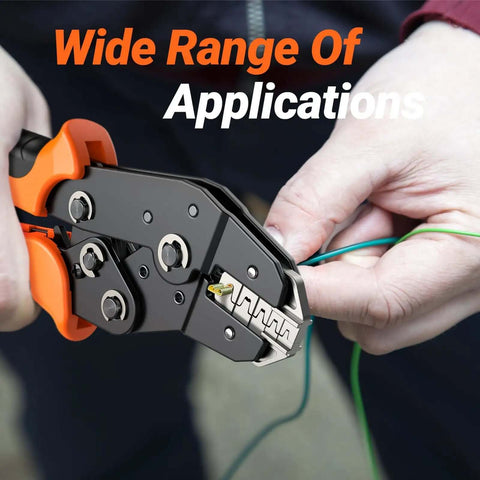 Hands using Pro Grade Heavy Duty Five In One Wire Crimping Tool For Dupont And Open Barrel Terminals, showing ratcheting jaw system