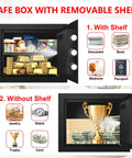 Compact 1.3 Cu Ft Fire Safe With Digital Keypad showcasing removable shelf, storing gold, passport, and medicine with documents