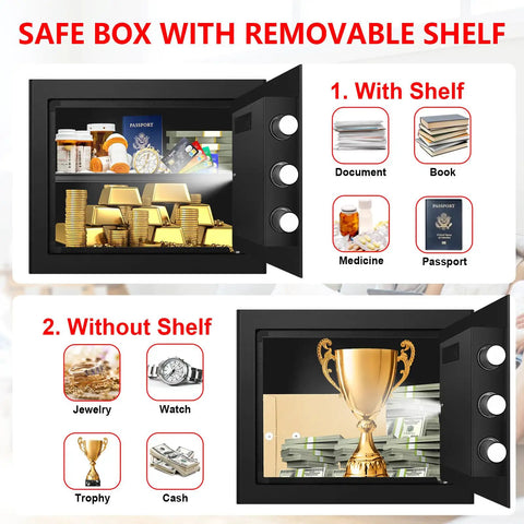 Compact 1.3 Cu Ft Fire Safe With Digital Keypad showcasing removable shelf, storing gold, passport, and medicine with documents