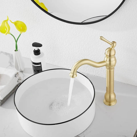 360 Degree Swivel Vessel Sink Faucet With One Hole Install, Brushed Gold Farmhouse Vanity Faucet, water flowing