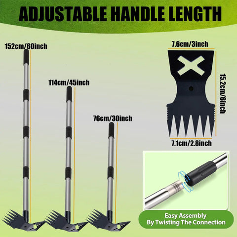 60 Inch Weed Puller With Long Handle, 2 In 1 Weed Rake And Garden Hoe showing adjustable lengths and assembly detail.