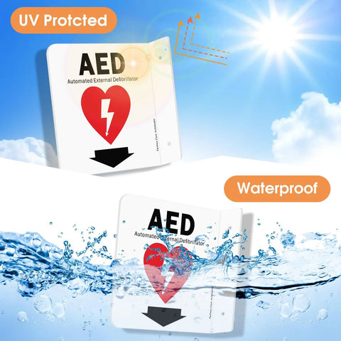 AED sign, acrylic, 6x6 inches, down-arrow indicator, 2-pack for home/office use