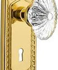 Egg And Dart Brass Door Plate With Keyhole And Oval Fluted Crystal Glass Knob, Passage Set, Unlacquered Brass Finish, 2.75 Inch Backset