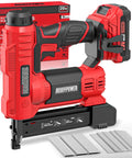 Cordless 18 Gauge Brad Nailer And Electric Stapler Duo With 2.0Ah Battery Charger Skip Tank Drama And Ready To Rock Bulk Fastener Kit displayed with fasteners.