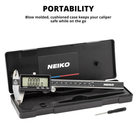 6 Inch Electronic Digital Caliper With Stainless Steel Build And Extra Large LCD Screen in protective case for portability.