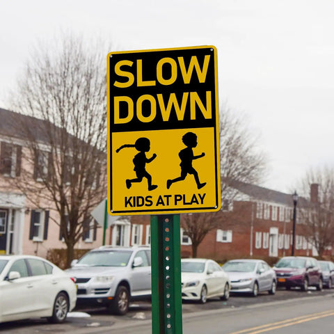 Slow Down Kids At Play Road Sign For Neighborhoods, Aluminum Weatherproof Safety Plaque, installed on street post