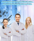 White Unisex Lab Coat With 3 Pockets For Men And Women, 3-Piece Set, worn by medical professionals in a lab setting.