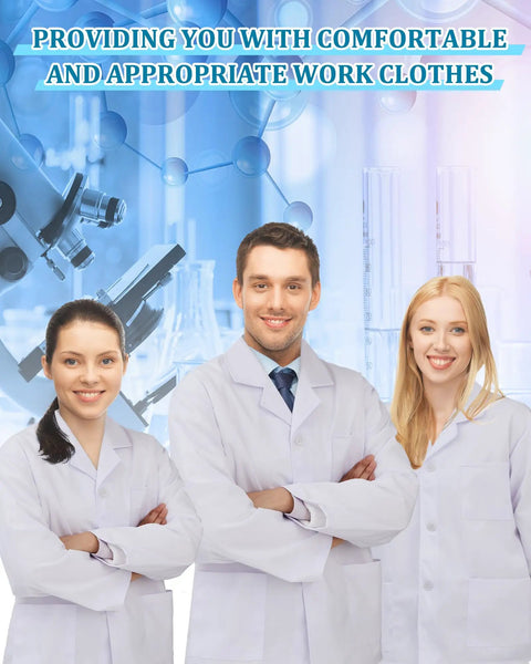 White Unisex Lab Coat With 3 Pockets For Men And Women, 3-Piece Set, worn by medical professionals in a lab setting.