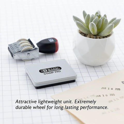 Hassle Free Rotating Date Stamp With Separate Black Ink Pad For Filing Invoices And Papers 12 Year Band Range displayed with stamp pad and potted plant.