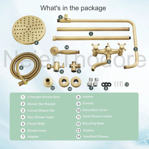 Antique Brass 8 Inch Shower Faucet System With Rainfall Shower Head Wall Mounted Dual Cross Handles Tub Spout Mixer Tap And Handheld Sprayer All In One Bathroom Shower Upgrade package contents