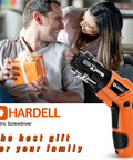 Couple smiling with cordless electric screwdriver 3.6V with rear flashlight in foreground, gift idea