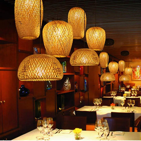 Lantern Style LED Pendant Light With Adjustable Cord Bamboo Weave Ceiling Hanging Lamp in restaurant setting