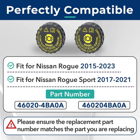 Nissan Rogue Brake Fluid Reservoir Cap 2 Pack For 2015 To 2023 Rogue And 2017 To 2021 Rogue Sport Replacement Cap With Tight Seal Durable Construction Easy Install Premium Tank Cap shown with compatibility chart and part numbers.