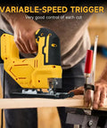 Close-up of Heavy Duty Cordless Electric Jigsaw Cuts Wood And Steel Like Butter With Zero Stress, featuring variable-speed trigger for precision cutting.