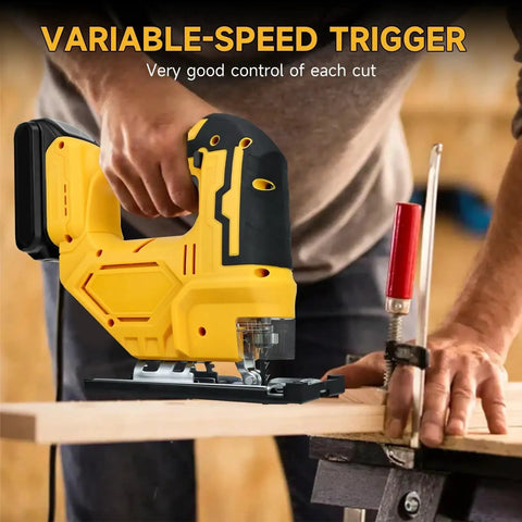 Close-up of Heavy Duty Cordless Electric Jigsaw Cuts Wood And Steel Like Butter With Zero Stress, featuring variable-speed trigger for precision cutting.