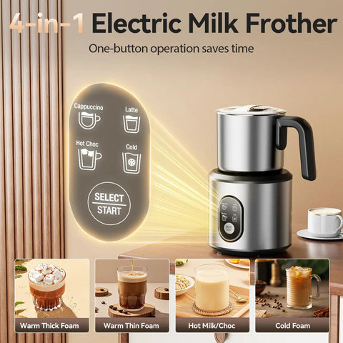 Barista Quality Milk Frother And Steamer 4 In 1 Electric Foam Maker With 24oz Detachable Stainless Jug Latte Art Spout Hot And Cold Foam For Coffee Lattes Cappuccinos And More displaying foam options and control panel