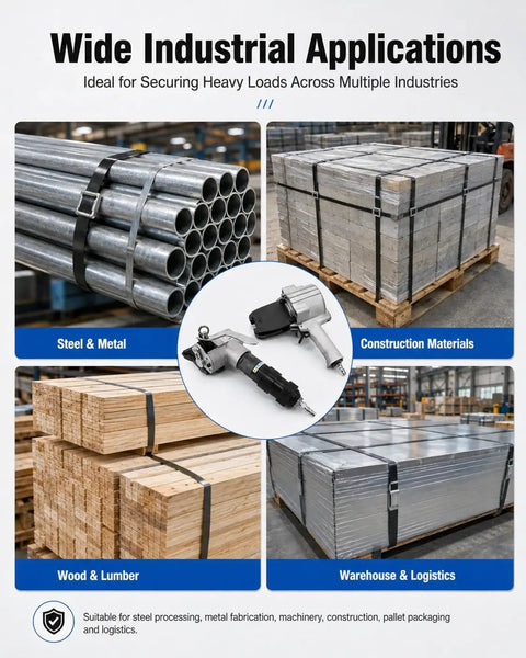 Image showcasing Wide Industrial Applications of Top-Tier Pneumatic Steel Strapping Machine for heavy loads in various sectors.