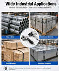 Heavy Duty Pneumatic Split Steel Strapping Machine Sealer And Cutter For 19 25 32 Mm Bands with metal and wood bundles in warehouse.