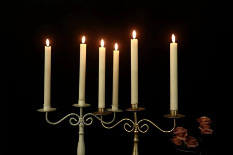 Flameless Ivory Taper Candles Set Of 6 With Remote, Battery Powered LED Warm 3D Wick Light Real Wax Look, 9.64 Inch Tall on candelabras.