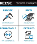 Infographic with features of Retractable Transom Tie Down For Boats, including precise craftsmanship and rust prevention steel.