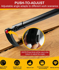 Built Different Heavy Duty 29 To 48 Inch Adjustable Pry Bar With 14 Position 180 Degree Rotating Head showing push-to-adjust feature on a wooden surface.