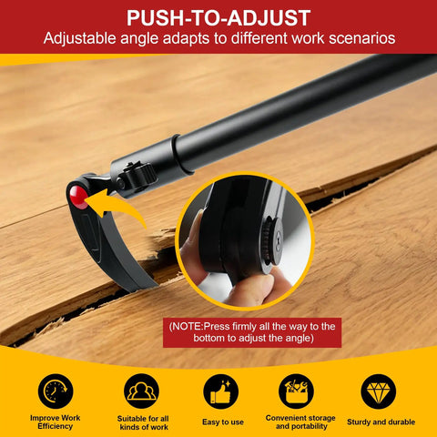 Built Different Heavy Duty 29 To 48 Inch Adjustable Pry Bar With 14 Position 180 Degree Rotating Head showing push-to-adjust feature on a wooden surface.