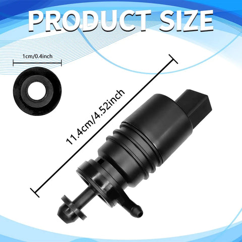 Heavy Duty Windshield Washer Fluid Pump With Mounting Grommet Straight Swap Fit Auto Replacement For Bmw Mercedes Benz, showing size dimensions and black finish.