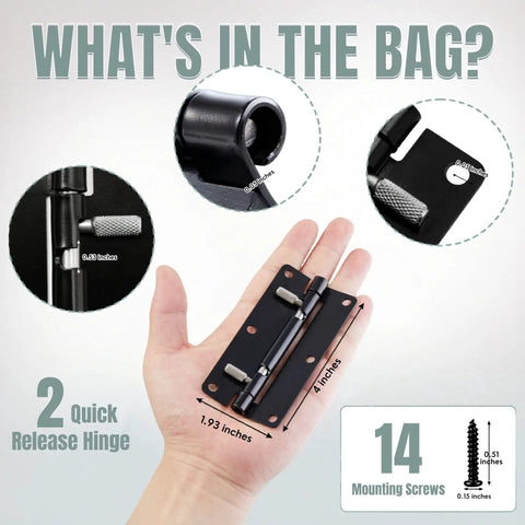 Heavy Duty Quick Release Cabinet Hinges Rustproof Black Finish Freakishly Durable, 4 inch size shown in hand with screws.