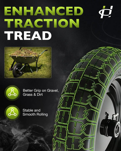 Flat Free 14.5 Inch Wheelbarrow Tire And Wheel Workhorse Replacement with enhanced traction tread showing green pattern