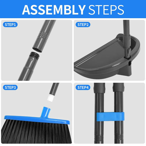 Assembly steps for Long Handle Broom And Dustpan Set For Indoor Outdoor Cleaning Upright Stand Dustpan Adjustable Height Rustproof Build Angled Mouth For Easy Sweep And No Bend Cleanup On Floors.