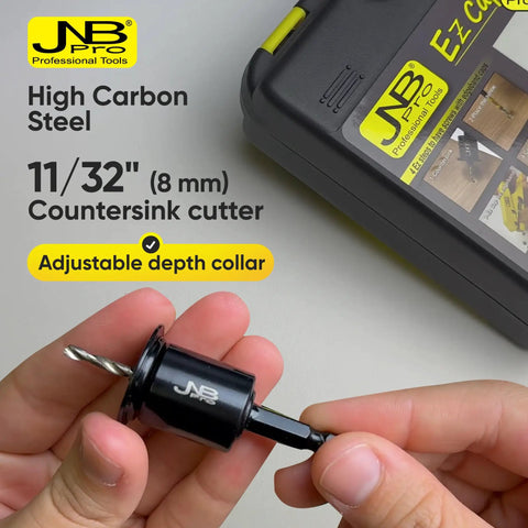 Heavy Duty Edge Banding Hole Puncher Kit With Two Premium Steel Countersink Bits And Tough Hex Wrenches For Slick Concealed Fastener Setup On Every Shop Floor Build. Close-up of 11/32" countersink cutter in hand.