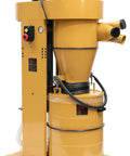 Cyclone Dust Collector With 1 Micron HEPA Filter, 3 HP, 230V Single Phase, yellow unit with drum and dual dust ports, on casters.