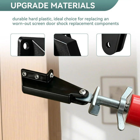 Heavy Duty Screen Door Closer Bracket Set With Mounting Screws Hella Tough Plastic Post Jamb Hardware For No Sweat Storm And Patio Door Replacements In Matte Black close-up on durable plastic bracket with screws